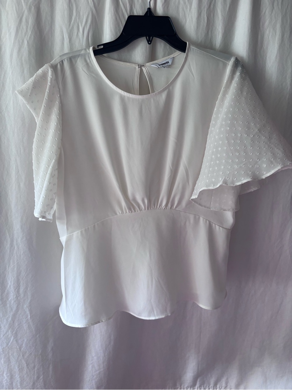 Express White Peplum Blouse with Flutter Dot Sleeves